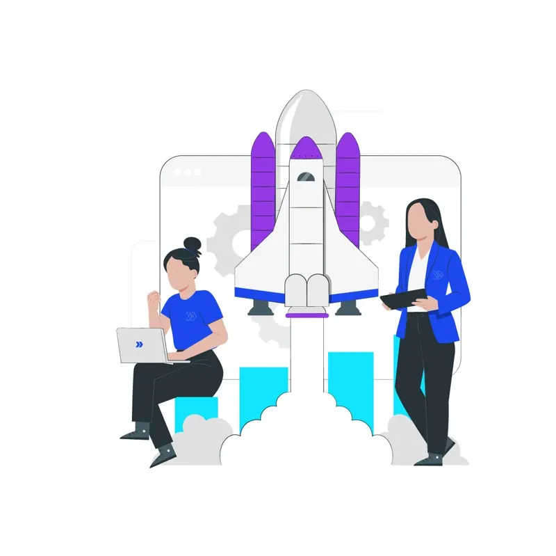 Seonet: personajes del sistema de identidad junto a un cohete